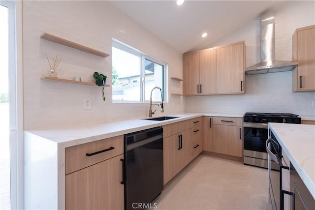 kitchen with wall chimney exhaust hood, light brown cabinets, open shelves, and dishwasher