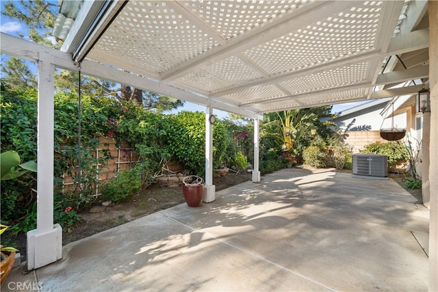 view of patio / terrace with a fenced backyard, a pergola, and cooling unit