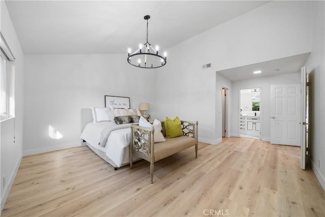 bedroom with light wood finished floors, baseboards, visible vents, an inviting chandelier, and high vaulted ceiling