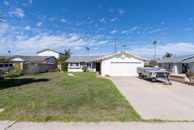 single story home with a front yard, driveway, an attached garage, and fence