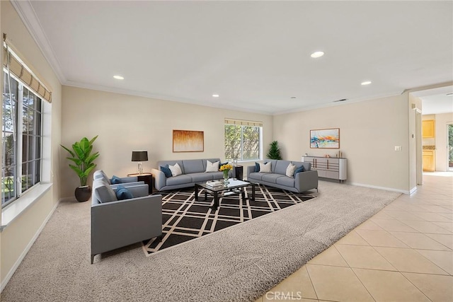 living room featuring baseboards, recessed lighting, tile patterned flooring, and crown molding