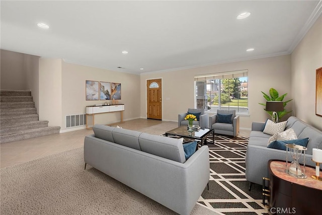 living area featuring baseboards, stairs, visible vents, and recessed lighting