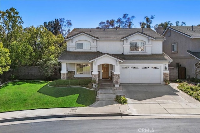 view of front of house featuring concrete driveway, fence, stone siding, a tiled roof, and a front lawn