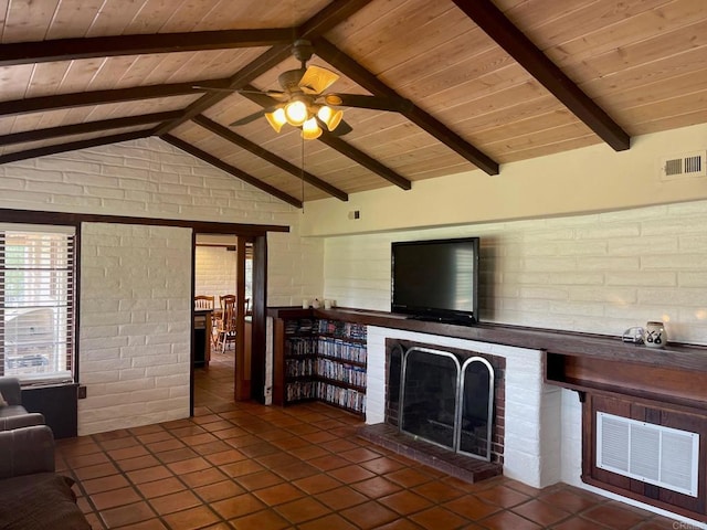 unfurnished living room with visible vents, vaulted ceiling with beams, a fireplace, ceiling fan, and wooden ceiling