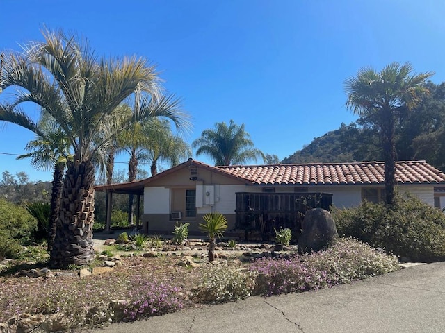 view of front of home featuring stucco siding, an attached carport, and a tile roof