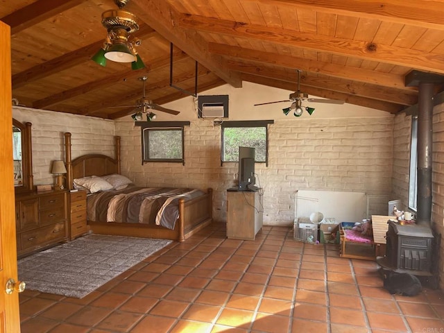 unfurnished bedroom with tile patterned floors, lofted ceiling with beams, brick wall, wood ceiling, and a wood stove