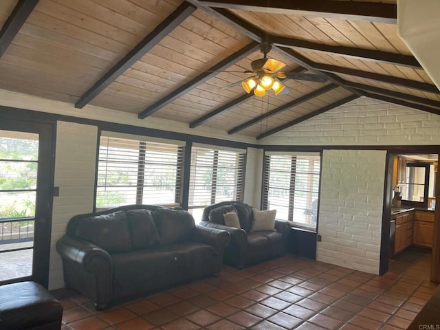 living room with a ceiling fan, wood ceiling, vaulted ceiling with beams, and a healthy amount of sunlight