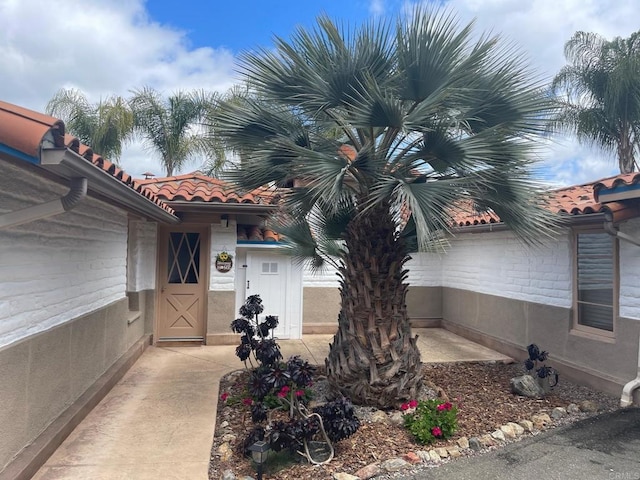 doorway to property featuring stucco siding and a tile roof
