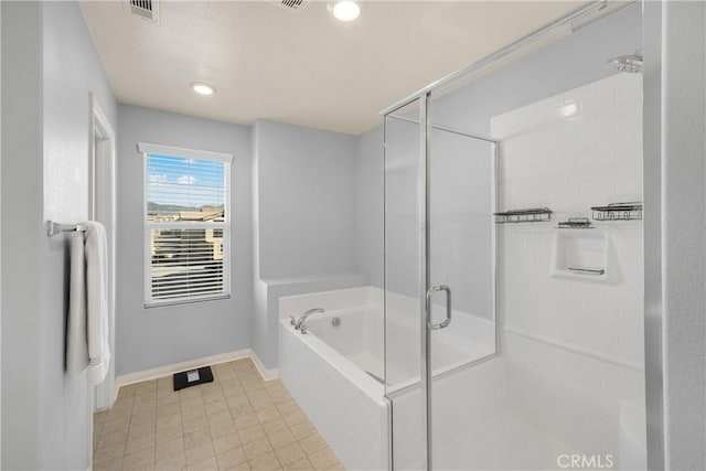 full bath featuring a garden tub, recessed lighting, visible vents, a shower stall, and baseboards