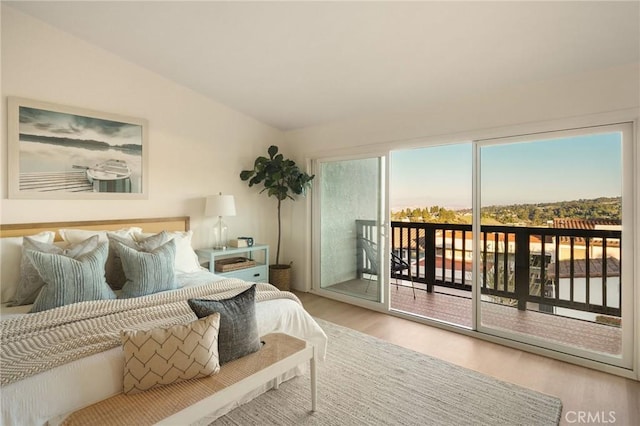 bedroom featuring lofted ceiling, wood finished floors, and access to exterior