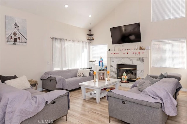 living area featuring a premium fireplace, plenty of natural light, and light wood-style flooring