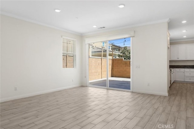 3235 E Yellowstone Dr, Ontario, CA 91762 - unfurnished room featuring visible vents, crown molding, baseboards, recessed lighting, and light wood-style floors