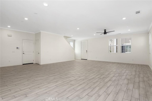 3235 E Yellowstone Dr, Ontario, CA 91762 - unfurnished living room featuring light wood-type flooring, a ceiling fan, crown molding, and visible vents