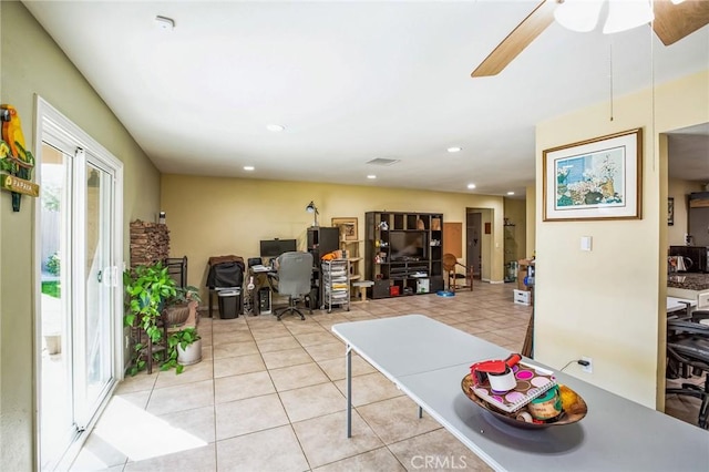 home office with a ceiling fan, recessed lighting, and light tile patterned flooring