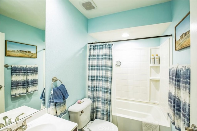 bathroom with visible vents, shower / bathtub combination with curtain, toilet, and vanity