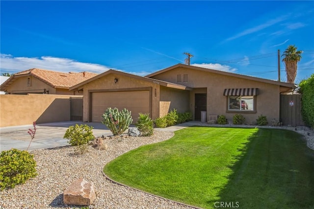 ranch-style house with stucco siding, concrete driveway, an attached garage, a front yard, and fence