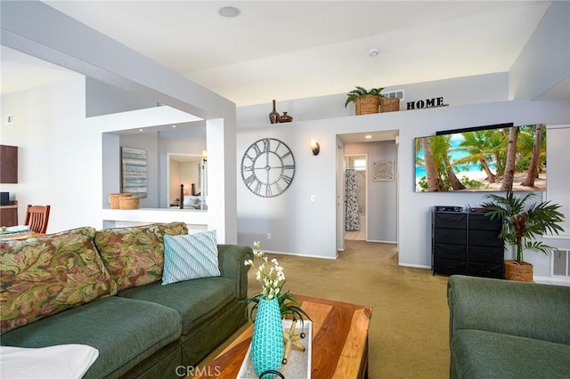 carpeted living room with baseboards and visible vents