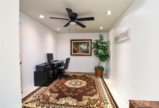 home office with a ceiling fan, recessed lighting, and light tile patterned flooring