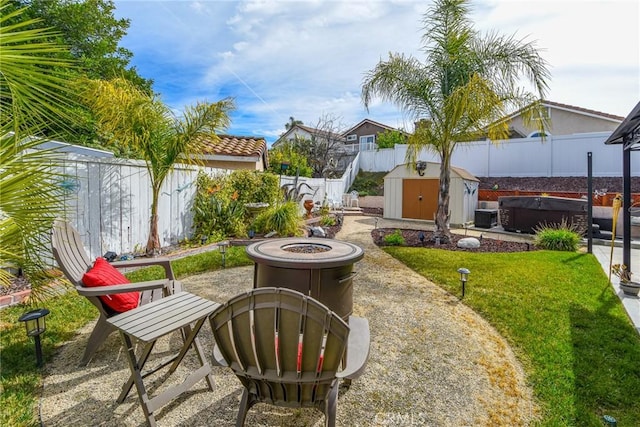 view of yard featuring an outbuilding, a patio area, a fenced backyard, and a hot tub