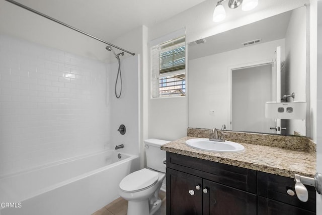 full bath featuring toilet, shower / bathtub combination, visible vents, and vanity