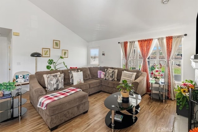 living room featuring high vaulted ceiling and light wood-style flooring