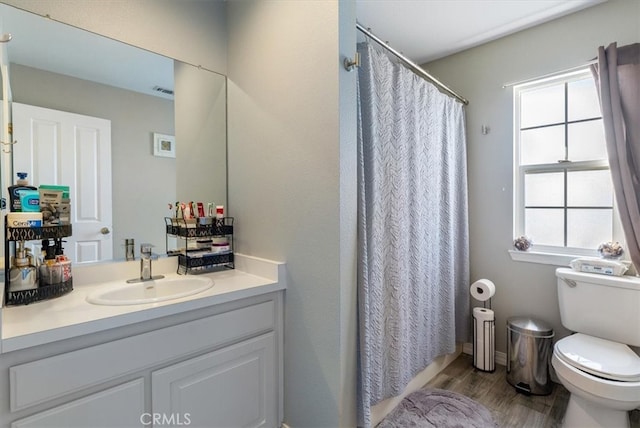 bathroom with wood finished floors, vanity, toilet, and a healthy amount of sunlight