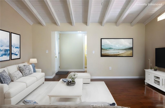 living area with baseboards, dark wood finished floors, and beamed ceiling