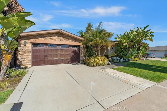 single story home with stone siding and a front lawn