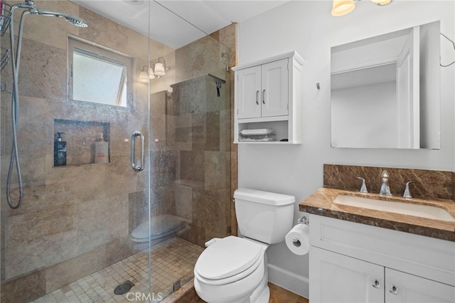 bathroom featuring vanity, a shower stall, and toilet