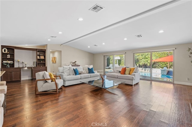 living room with vaulted ceiling with beams, visible vents, and dark wood-style flooring