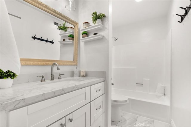 bathroom with visible vents, toilet, shower / tub combination, marble finish floor, and vanity