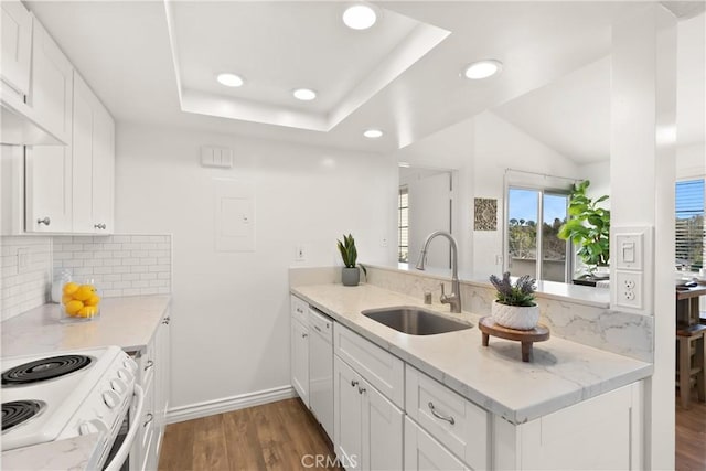 kitchen featuring a raised ceiling, decorative backsplash, a sink, wood finished floors, and white appliances