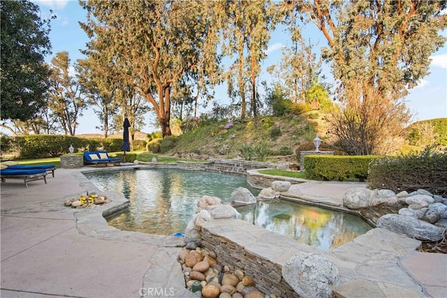 view of swimming pool featuring a patio and a garden pond