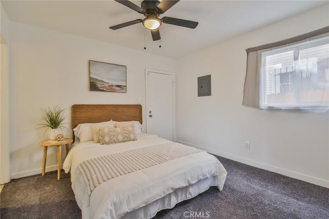 bedroom with dark colored carpet, a ceiling fan, electric panel, and baseboards