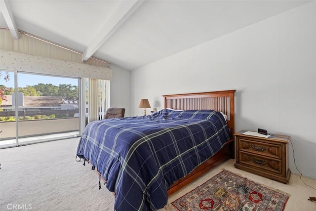 bedroom with vaulted ceiling with beams, access to outside, and carpet floors