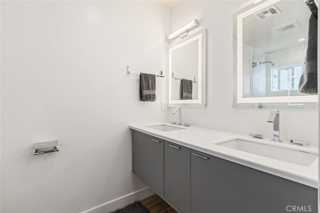 full bath featuring a sink, visible vents, baseboards, and double vanity