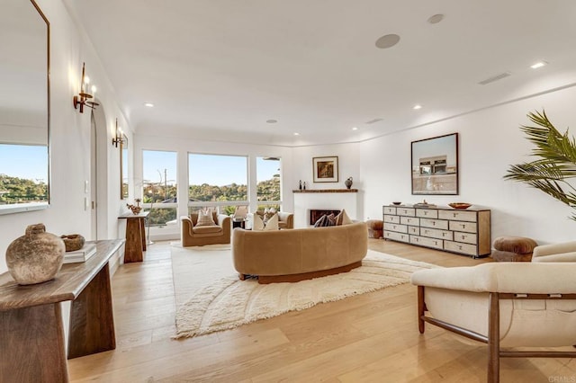 living area with light wood finished floors, visible vents, recessed lighting, and a fireplace