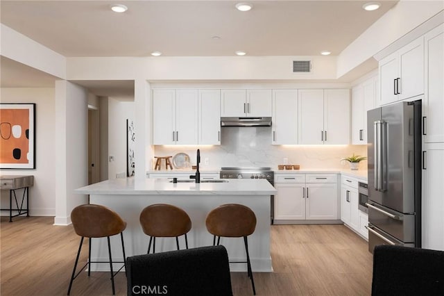 414 Main Unit 230, Huntington Beach, CA 92648 - kitchen featuring light countertops, visible vents, high end fridge, under cabinet range hood, and a sink
