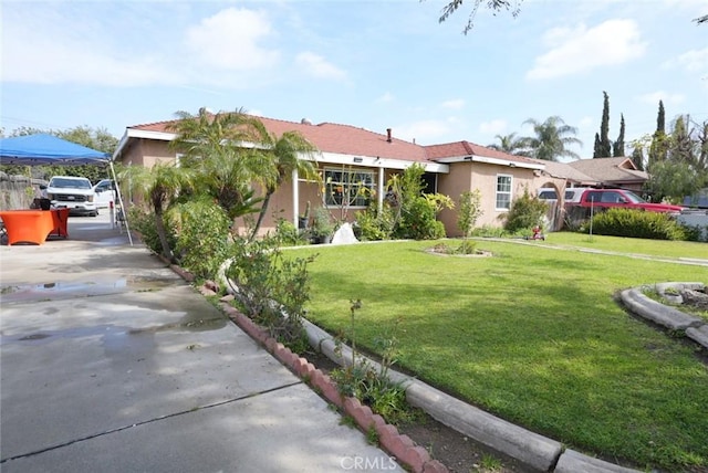 ranch-style house with stucco siding and a front lawn