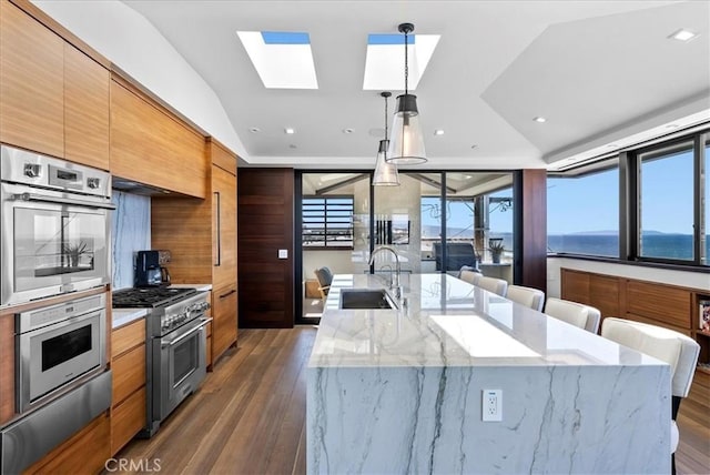 kitchen with stainless steel appliances, vaulted ceiling with skylight, a sink, and a large island