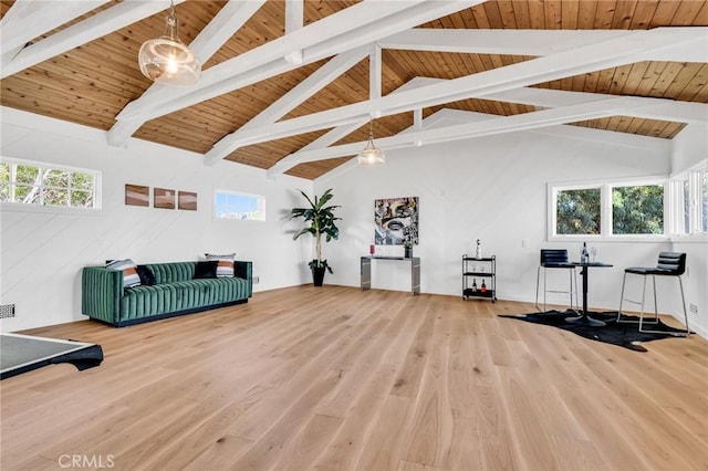 workout room with wooden ceiling, a healthy amount of sunlight, and wood finished floors