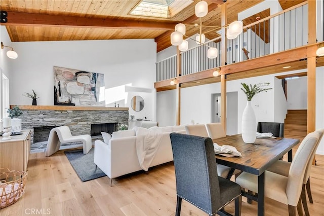 dining room featuring light wood-type flooring, beamed ceiling, a fireplace, and wood ceiling