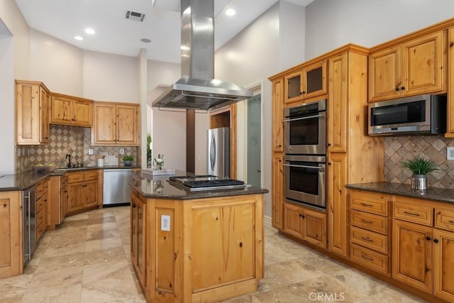 kitchen with wine cooler, stainless steel appliances, a high ceiling, a kitchen island, and island exhaust hood