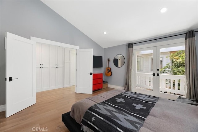 bedroom with baseboards, access to exterior, french doors, light wood-style floors, and recessed lighting