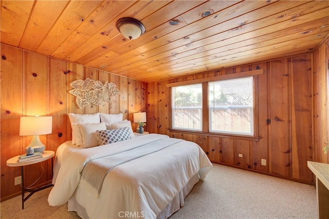 bedroom featuring light carpet and wooden ceiling