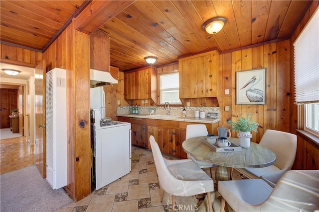 kitchen featuring wooden walls, a sink, gas range, and under cabinet range hood