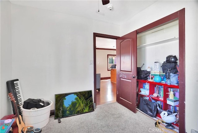 interior space with carpet floors and a ceiling fan