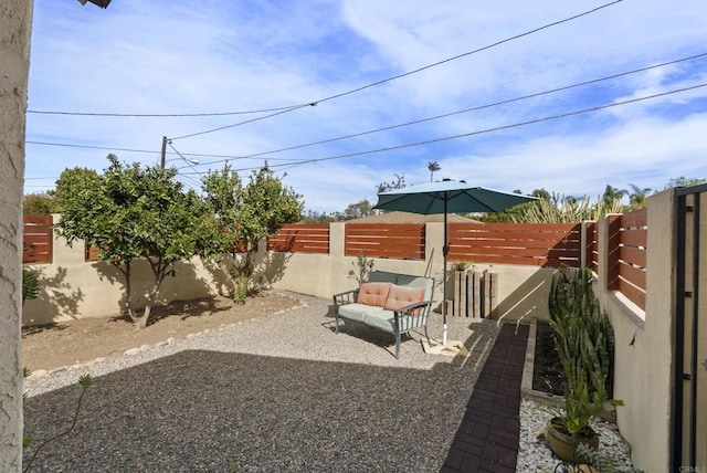 view of yard with a patio area, a fenced backyard, and an outdoor living space