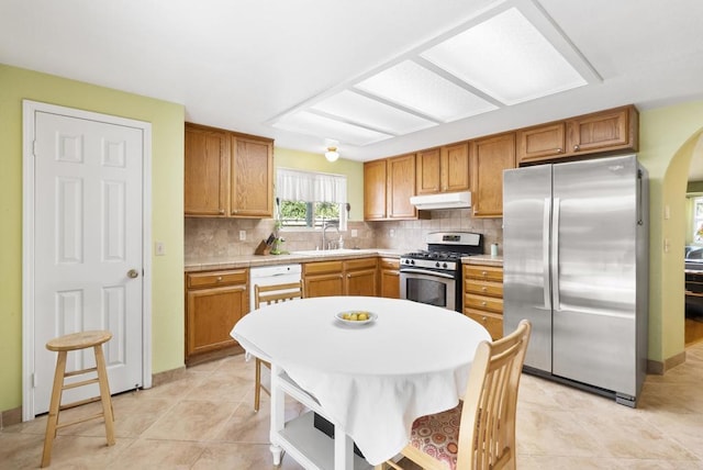 kitchen featuring tasteful backsplash, appliances with stainless steel finishes, light countertops, under cabinet range hood, and a sink