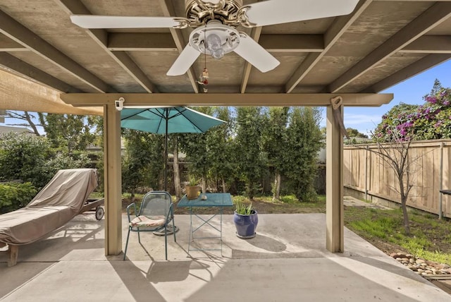 view of patio with a fenced backyard and a ceiling fan